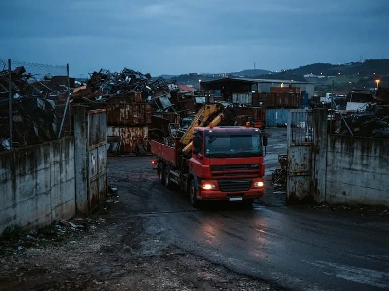 Camião a sair do parque ao fim da tarde