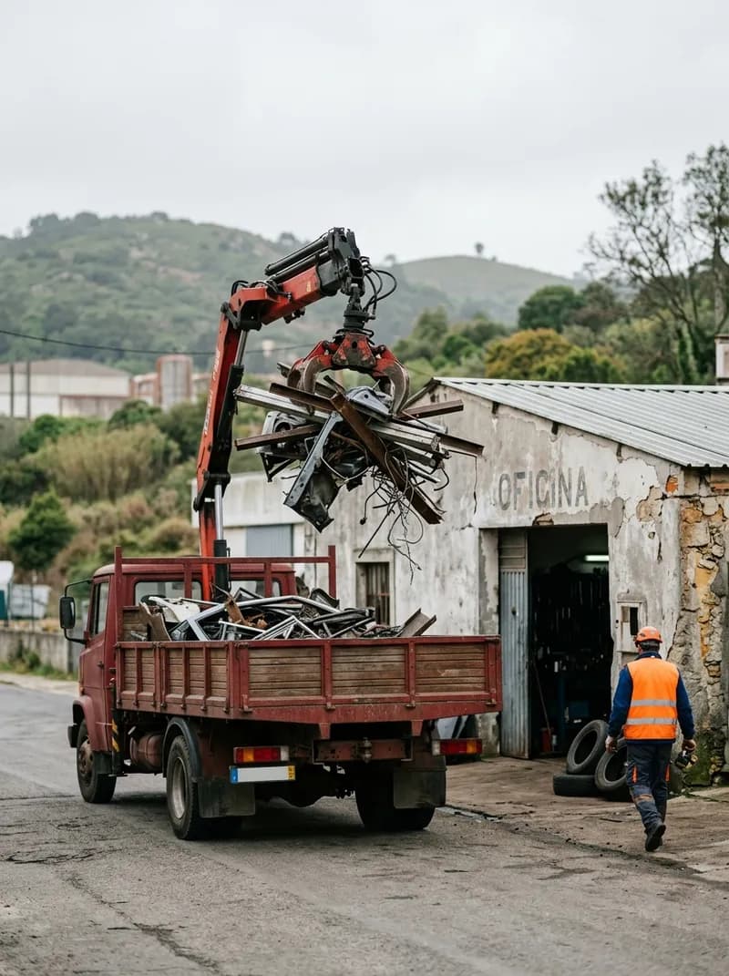 Camião-grua a carregar sucata à porta de uma oficina
